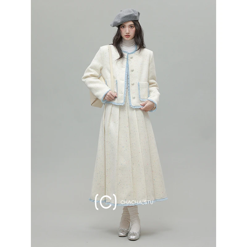 CHACHASTU【秋冬】彩点海盐奶昔miu系精致毛呢流苏外套半裙  H4010W