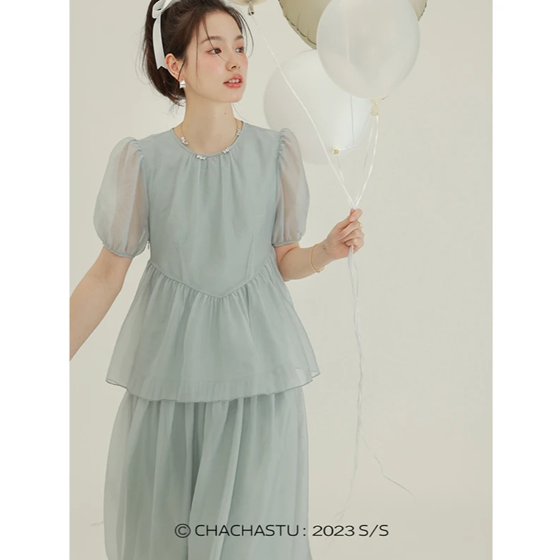 CHACHASTU蓝色法式气质温柔甜美连衣裙显瘦纯色欧根纱蛋糕裙 DY43