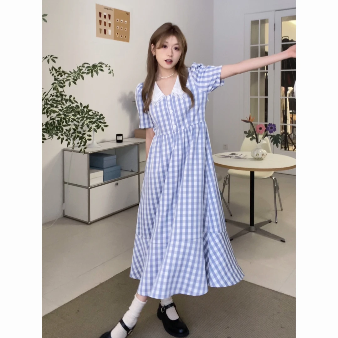 CHACHASTU 春夏超显瘦连衣裙  法式欧根纱领鱼尾格子裙  H2473W