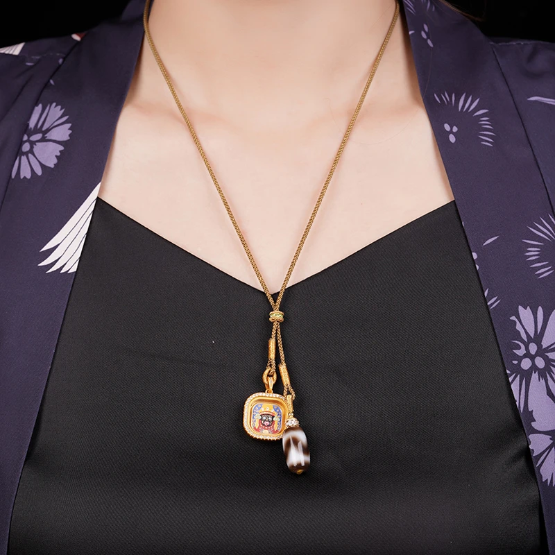 非金属布艺吊坠 编织手绘唐卡项链新中式扎基拉姆藏式吊坠黄财神