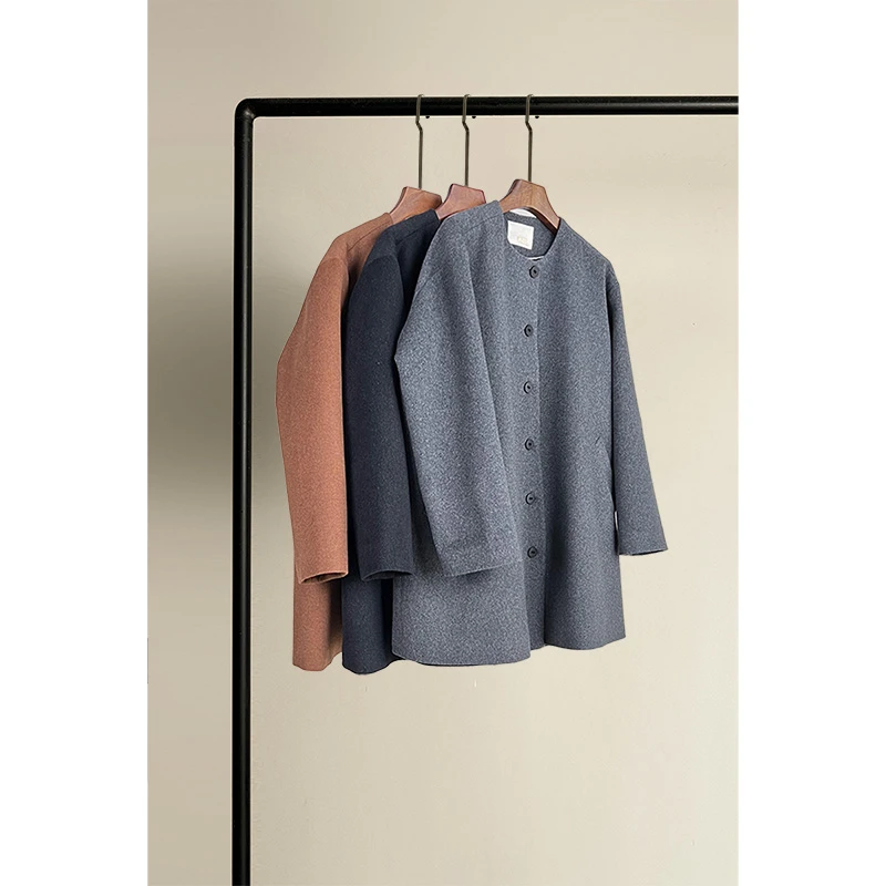 ICEEL原创简约圆领毛呢外套女秋冬新款高级感羊毛大衣中长款