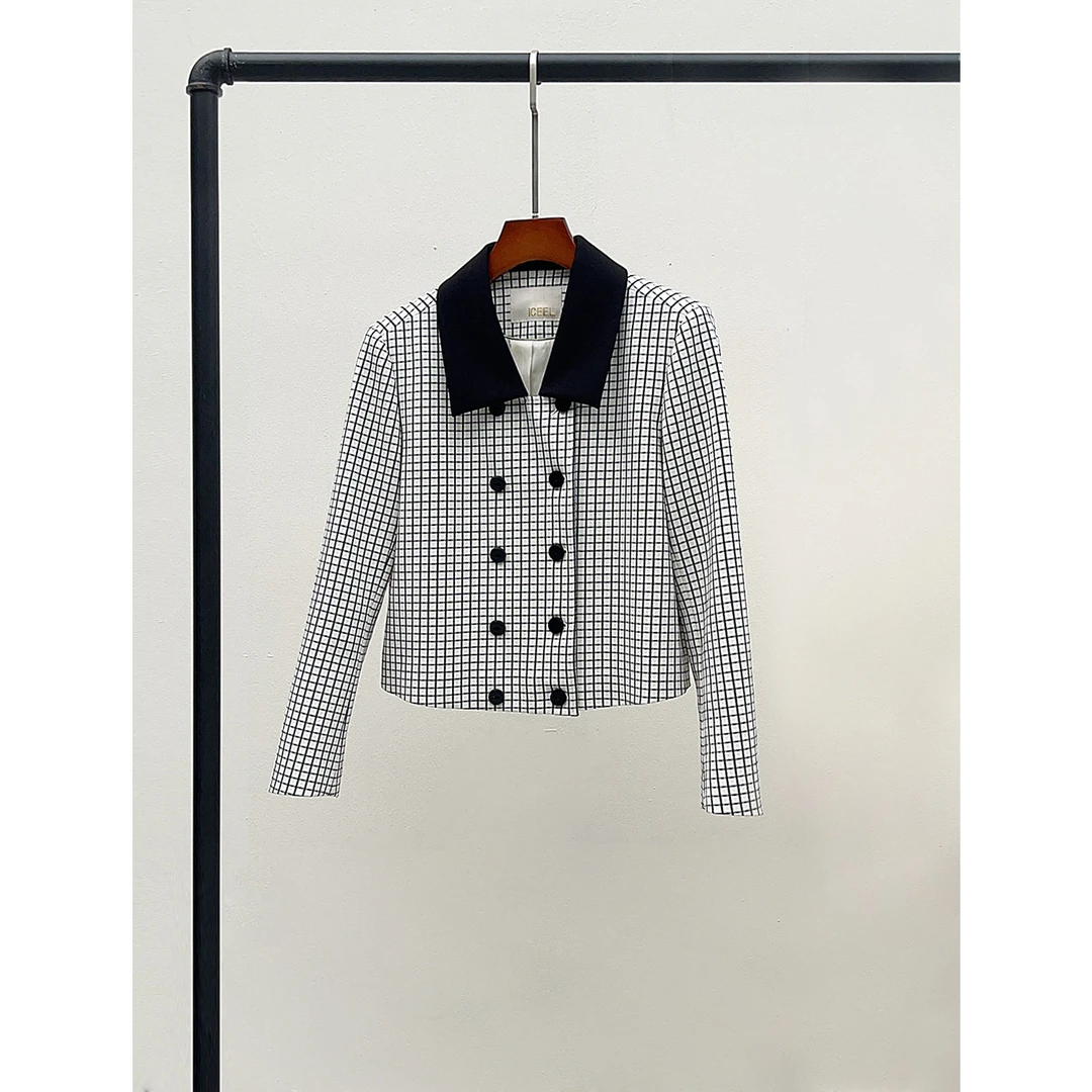 原创女装小香风格子外套秋冬新款短款百搭气质洋气双排扣长袖上衣