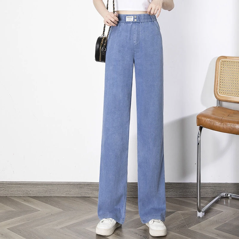 天丝阔腿裤牛仔裤女高腰松紧腰新款夏季宽松垂感冰丝薄牛仔直筒裤