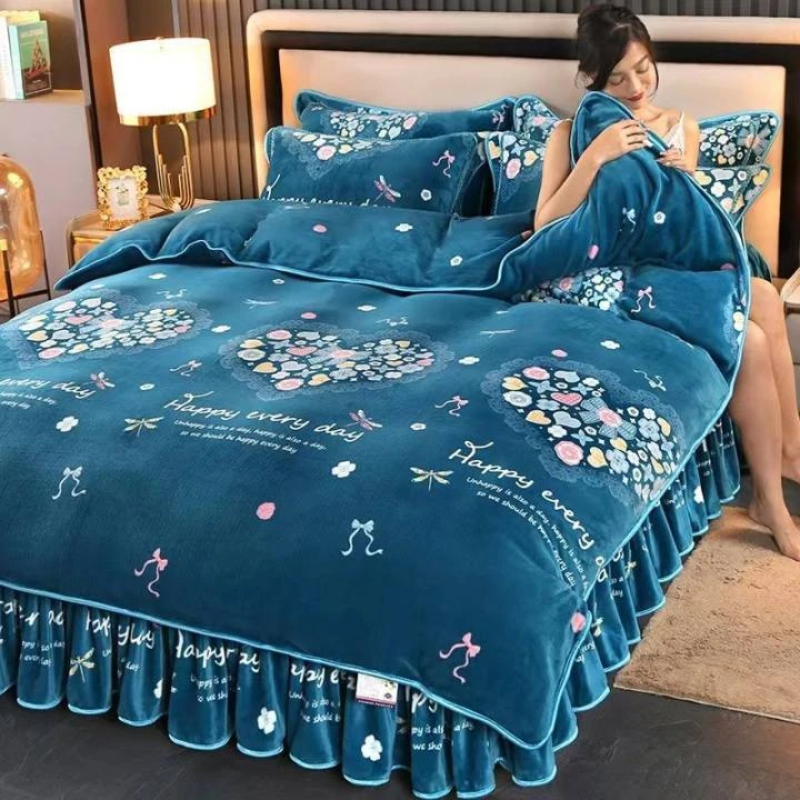 加厚牛奶绒双面绒保暖珊瑚绒双面法兰绒床裙四件套床上用品三件套