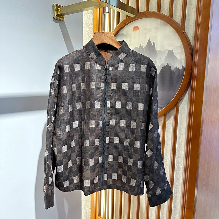 唐一真丝【100%桑蚕丝】老料子双面穿香云纱棋盘格短款上衣外套夹克