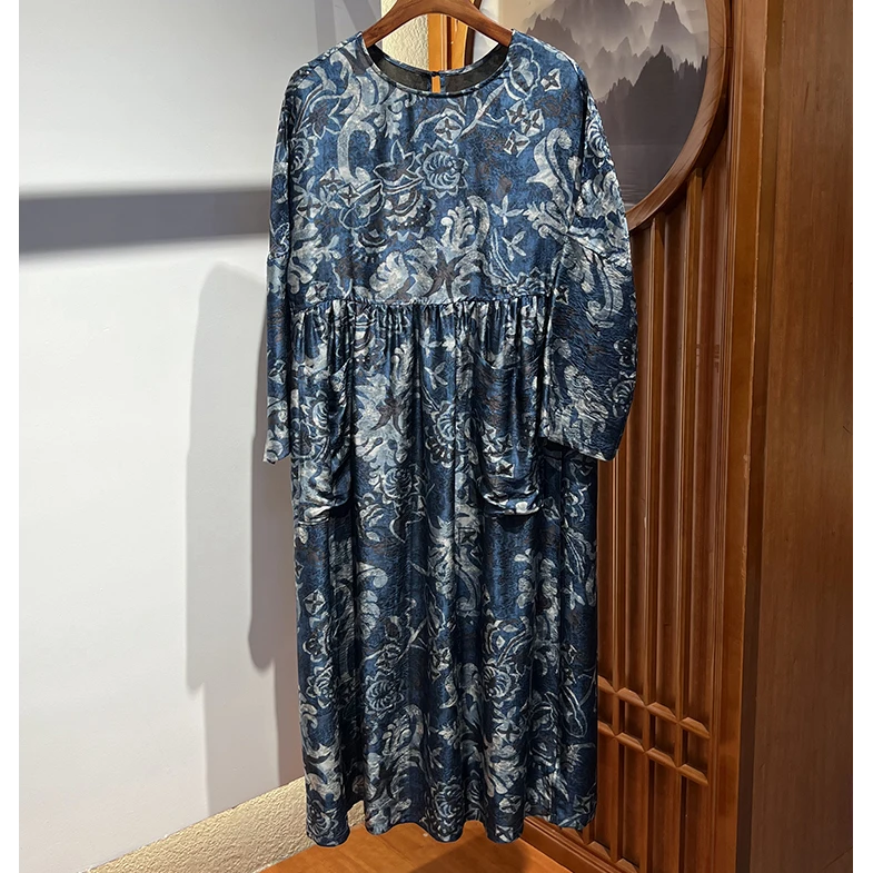 唐一真丝【桑蚕丝】香云纱时尚夏季双面穿蓝色复古提花连衣裙袍子女