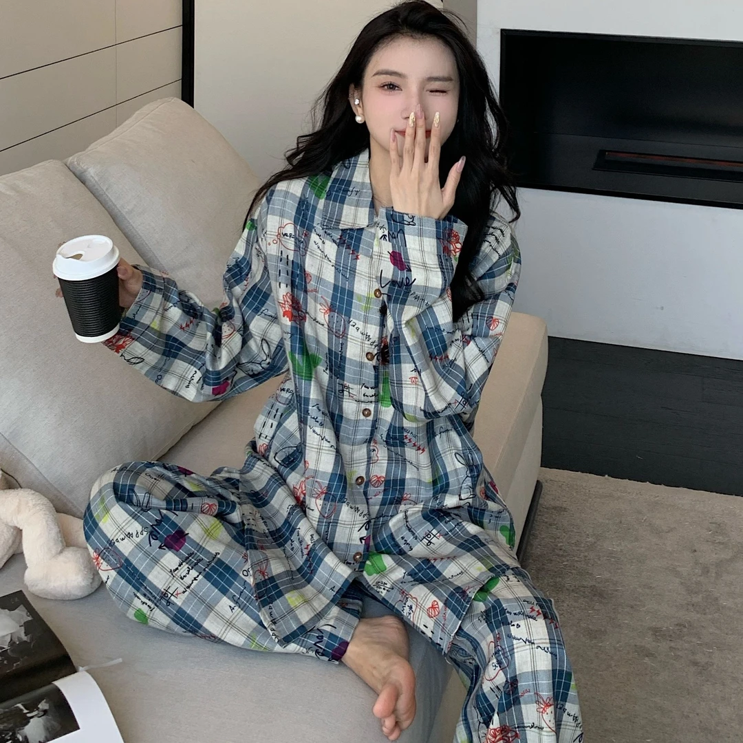 美式复古蓝色撞色格子长袖衬衫女休闲秋冬季宽松慵懒风bm睡衣套装