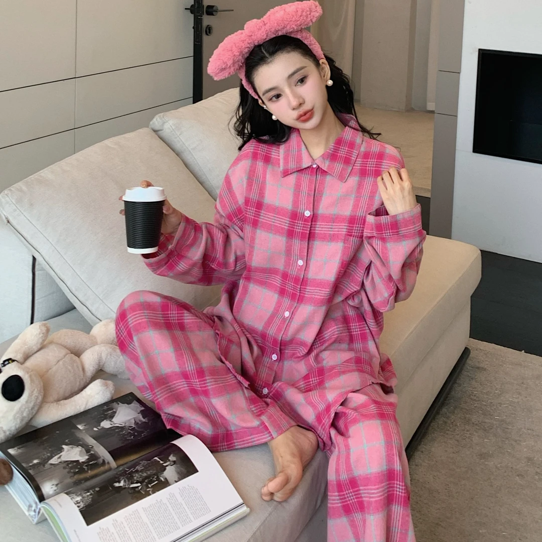 2024新款衬衫粉色格子睡衣高级感春秋款长袖长裤可外穿家居服