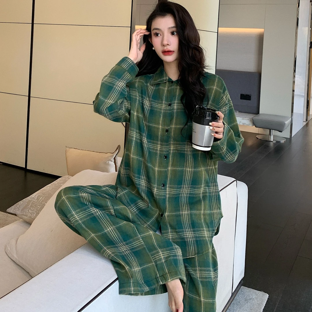 【绿光森林】潮牌美式格子衬衫男女春秋上衣睡衣女复古格纹情侣套装