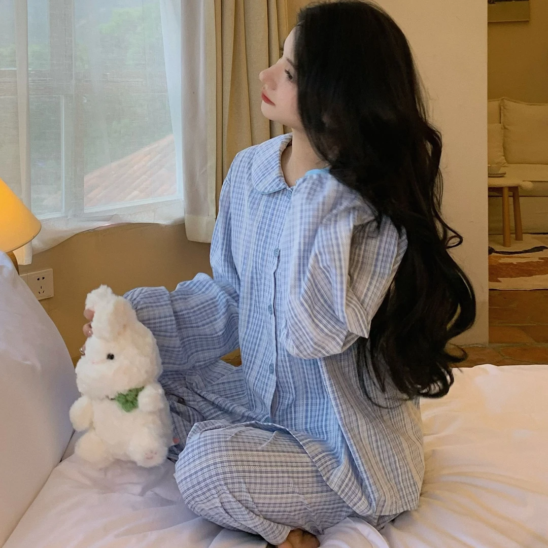 2024新款睡衣格子高级感甜美可爱春秋款长袖长裤可外穿家居服套装