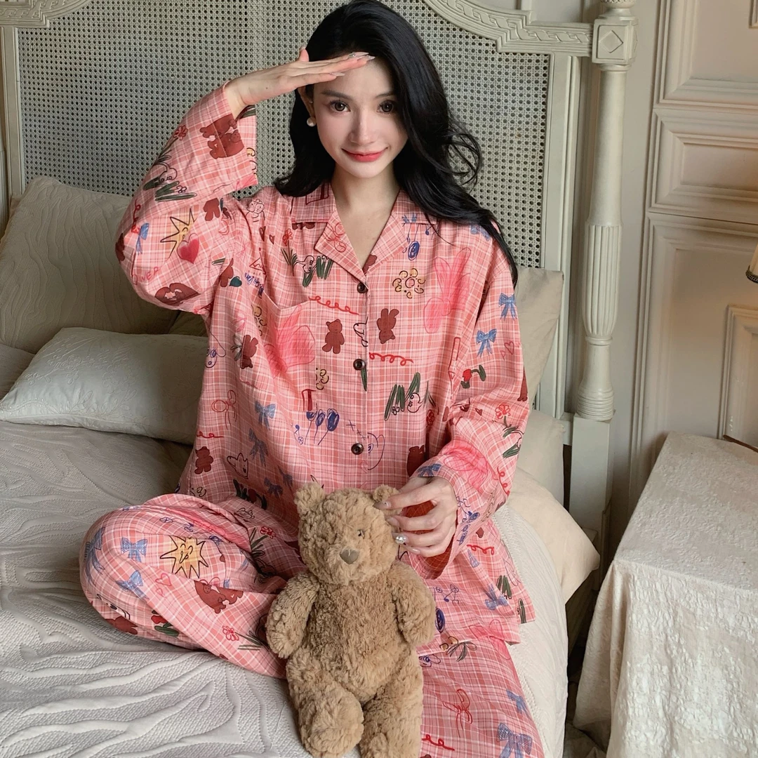 【GZ画廊女孩】复古格子衬衫女设计感春秋季休闲睡衣女可外穿套装