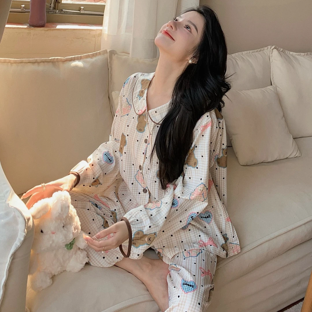 2024新款睡衣格子高级感甜美可爱春秋款长袖长裤可外穿家居服套装