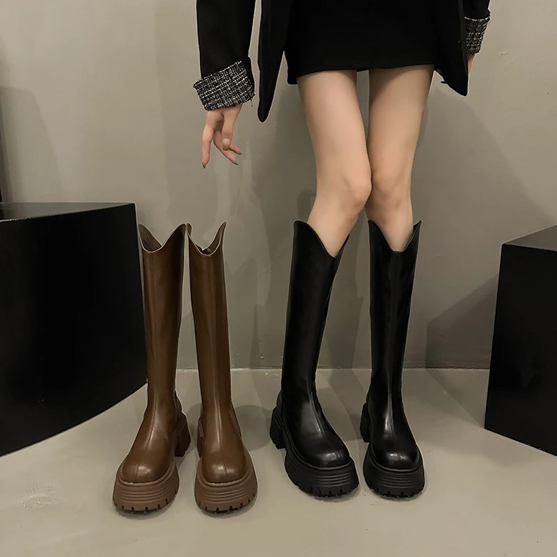 气质潮流长筒靴女2023年秋季新款瘦瘦不过膝高筒骑士靴小个子长靴