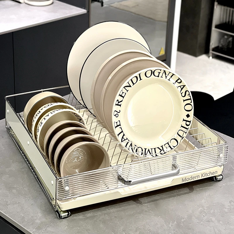 抽拉式碗盘架厨房碗碟沥水收纳架橱柜碗篮拉篮抽屉式置物架子