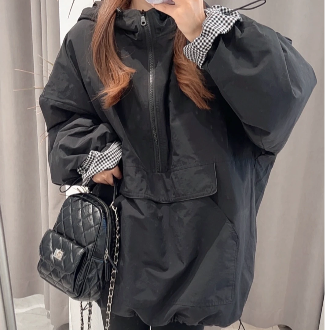 ouran 初冬新款G1152时尚百搭显瘦拼接格子夹棉套头冲锋衣外套