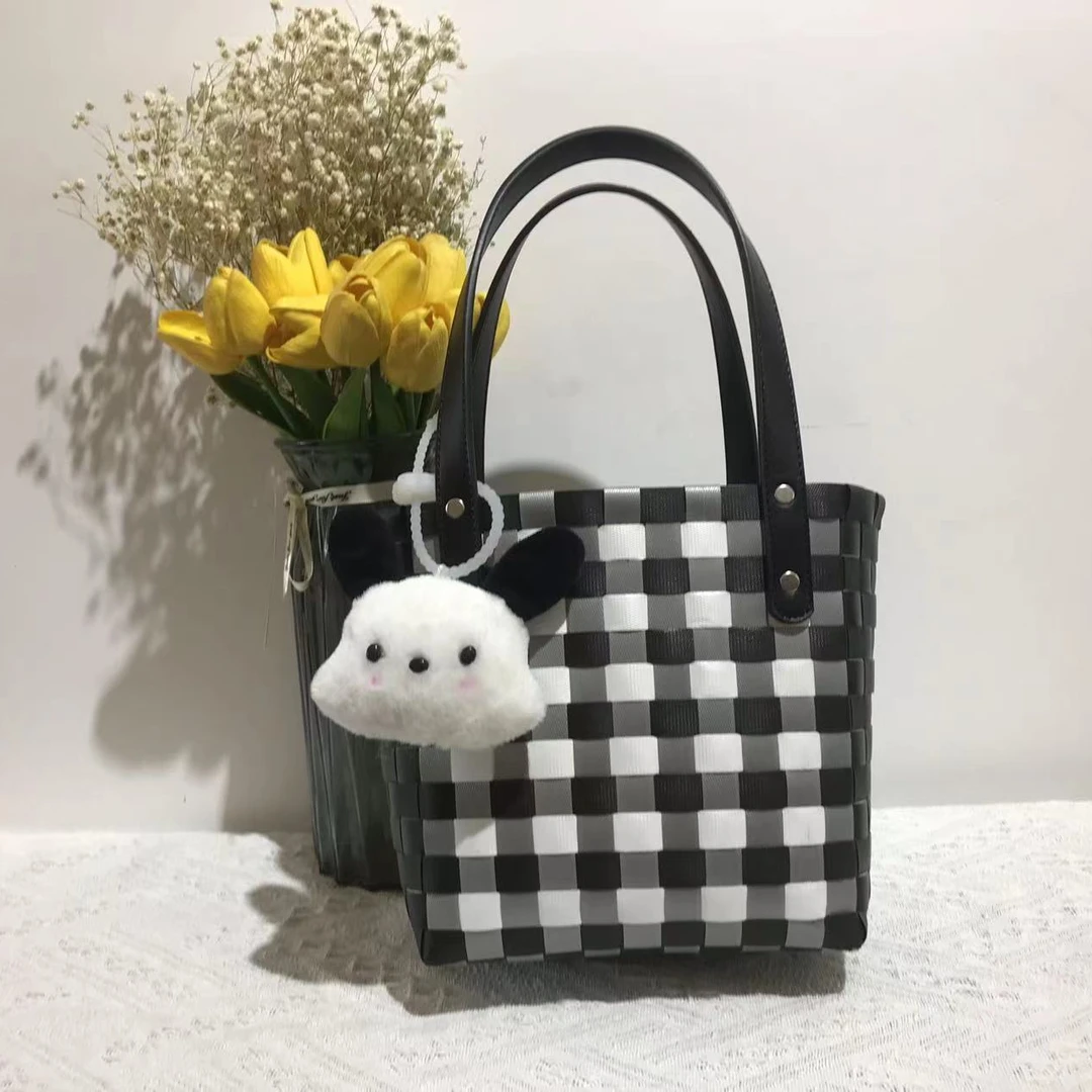 2024新款黑白格手提包手工编制包百搭女神包购物沙滩度假通勤包