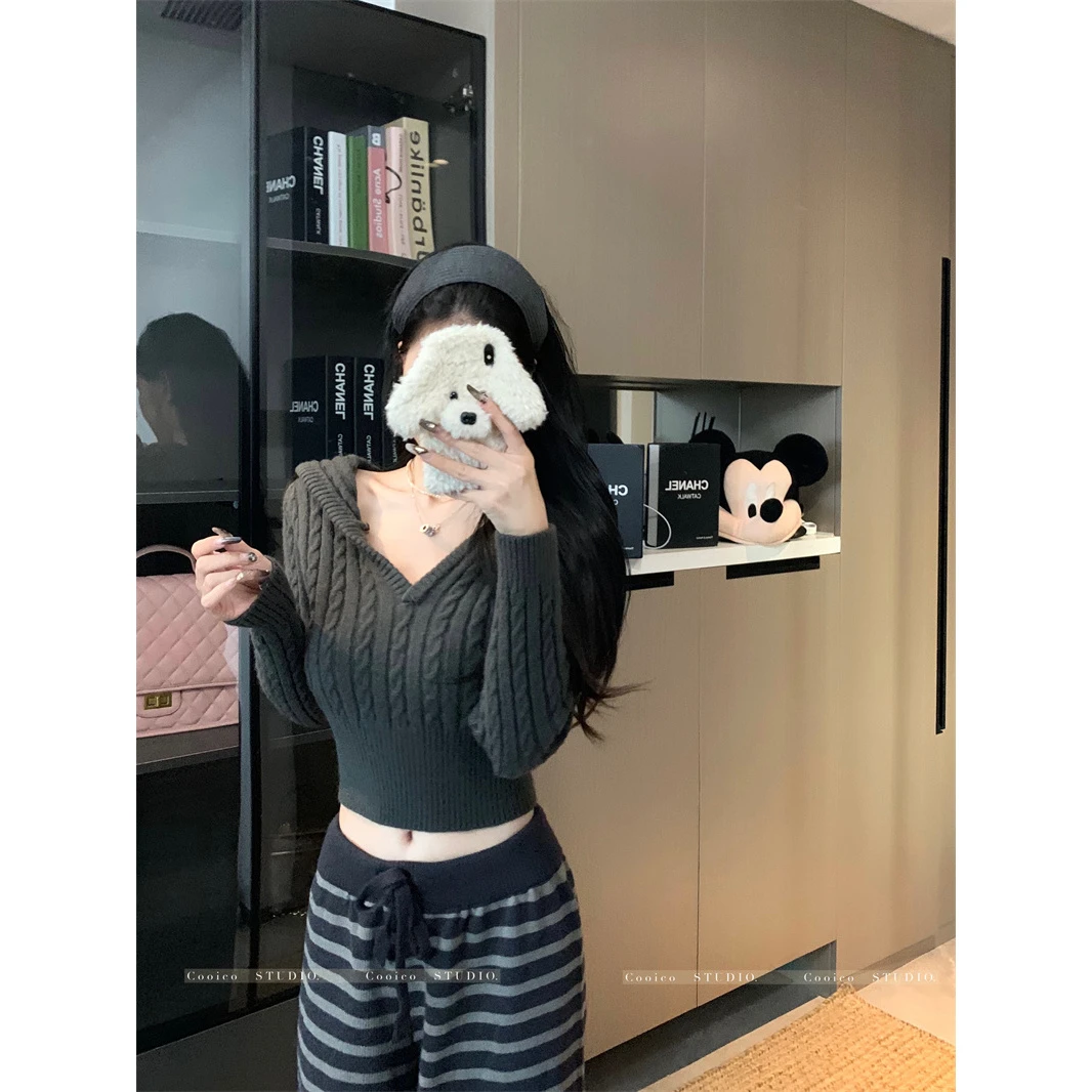 轻奢网红款连帽麻花毛衣女秋短款v领掐腰针织衫套头上衣