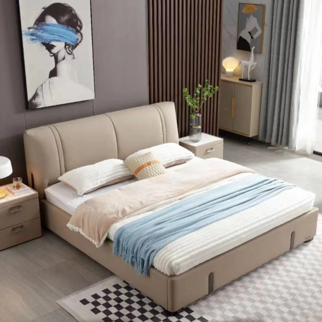 BF19头层牛皮可定制简约轻奢主卧双人床意式卧室大床软包床皮艺床