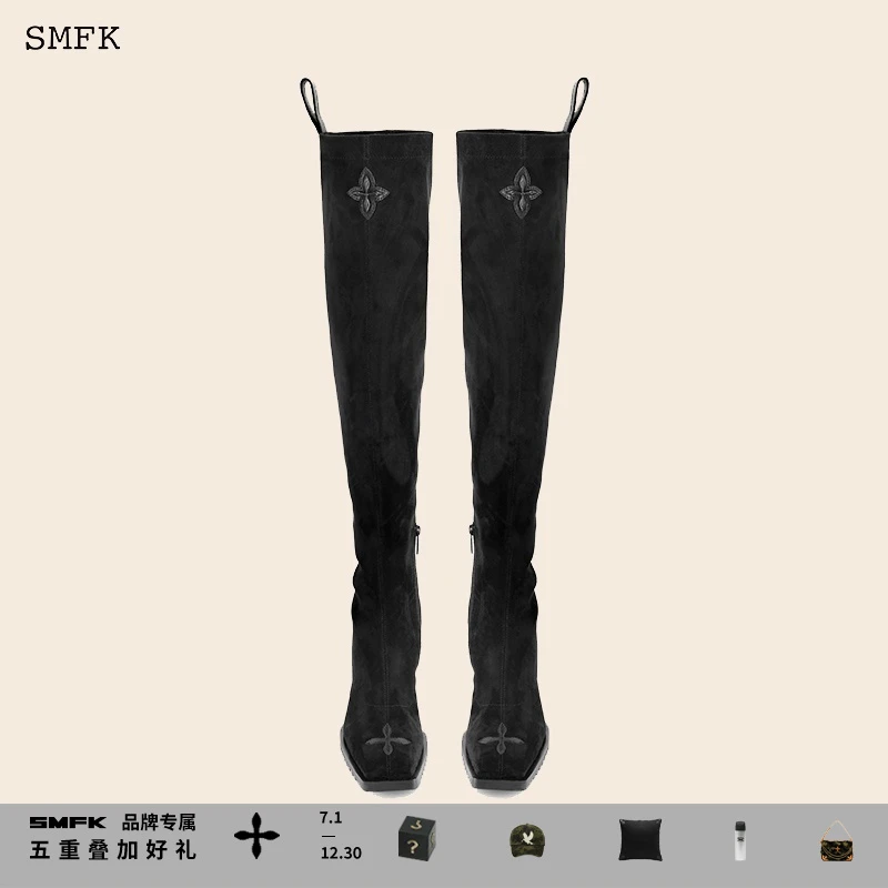 SMFK十字花鸭嘴靴 S0007B+王心凌同款黑色绒面高跟靴