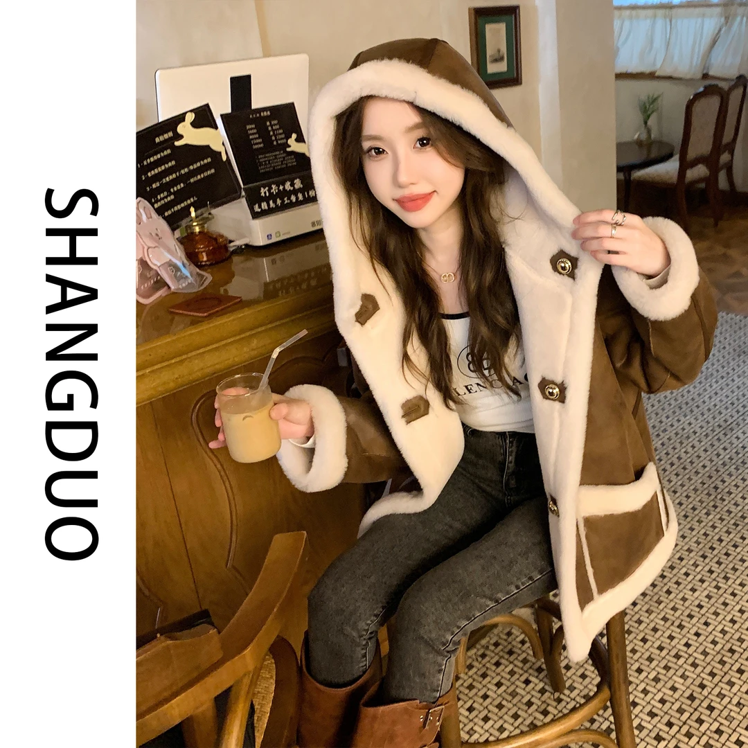 SHANGDUO【凛冬外套】温暖加倍~羊毛一体两面穿连帽外套冬上衣-356