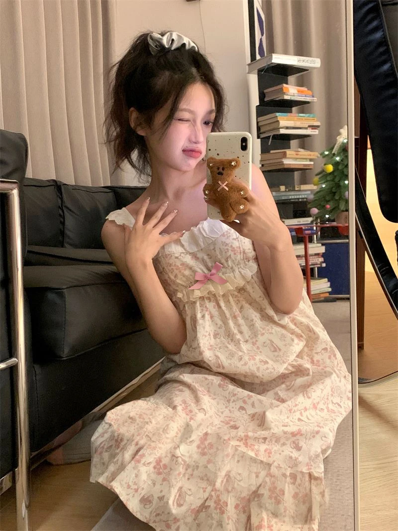 【心动芭蕾带胸垫】夏季新款可外穿甜美蕾丝吊带睡裙女连衣裙睡衣