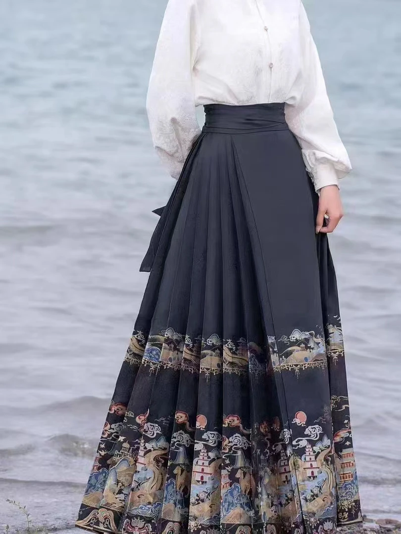 （再见时光）百搭中式宽松国风重工复古刺绣休闲马面裙