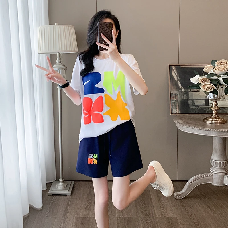 网红洋气炸街女装夏季韩版多巴胺彩色短袖短裤休闲运动两件套潮