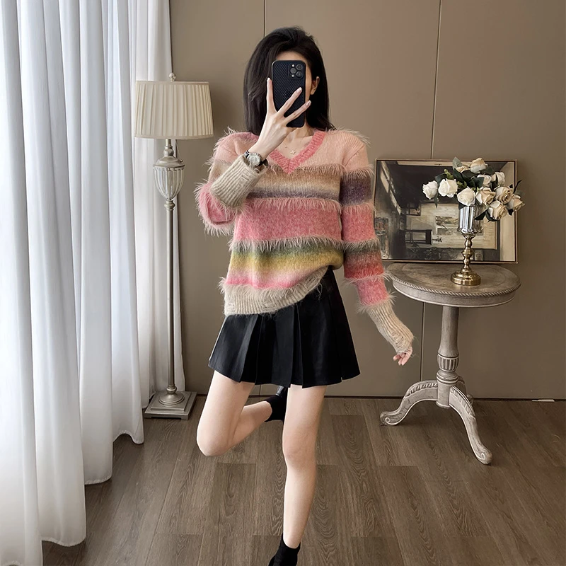 网红洋气炸街女装减龄气质时尚设计感秋冬新款拼色慵懒风毛衣潮