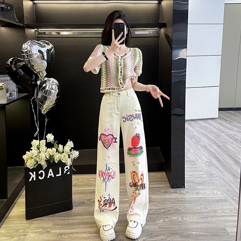 网红爆款时尚洋气减龄气质夏季短袖针织上衣高腰重工牛仔裤两件套