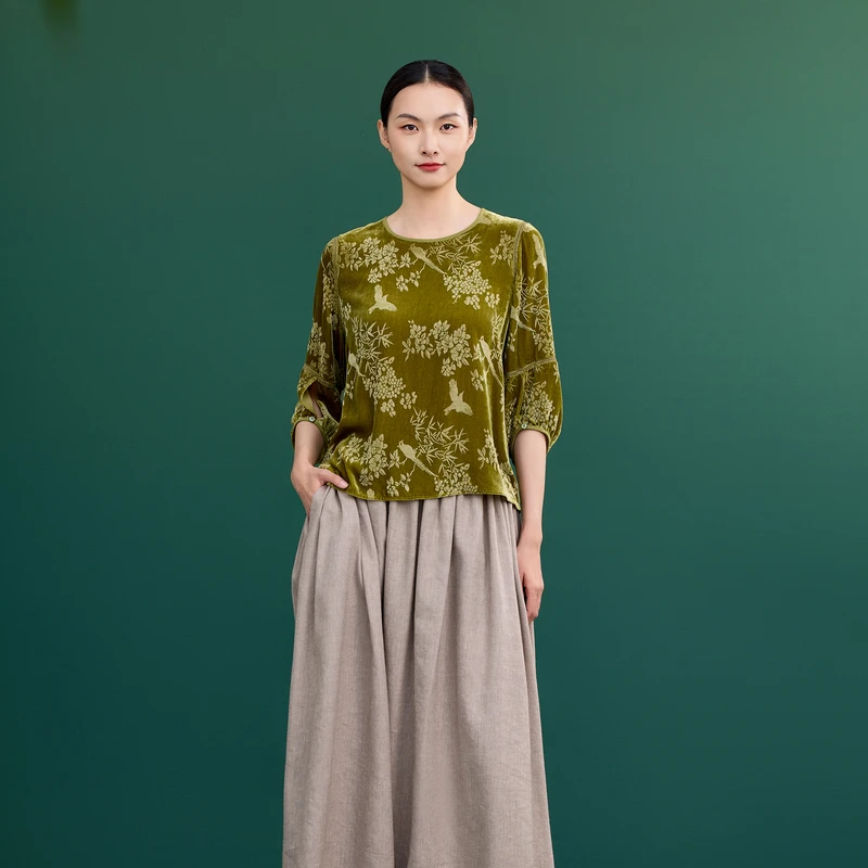 韦小宝丝绸2024复古印花长袖宽松圆领丝绒小衫-6441101109