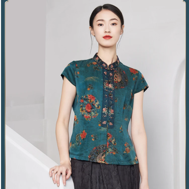 韦小宝春夏花色国风短袖香云纱上衣女士百搭气质小衫2021101031