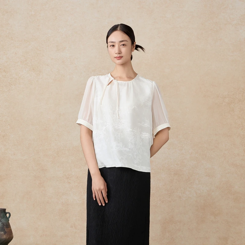 韦小宝24年春夏新款短袖19MM提花缎桑蚕丝小衫女6421101002