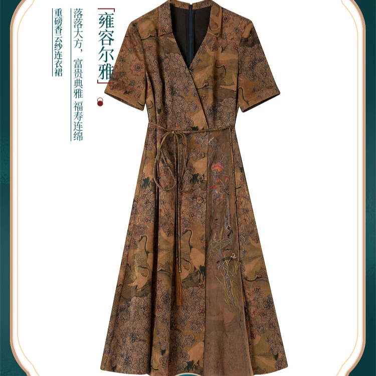 韦小宝春夏新款香云纱桑蚕丝气质复古印花连衣裙2221147431