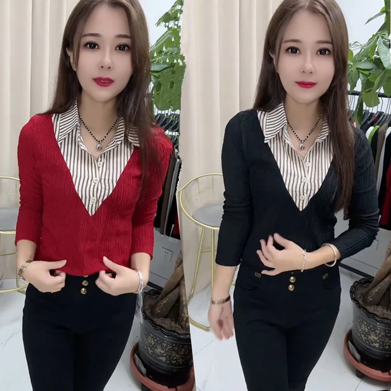 早秋新款时尚减龄修身显瘦洋气长袖衬衫气质百搭简约通勤假两件