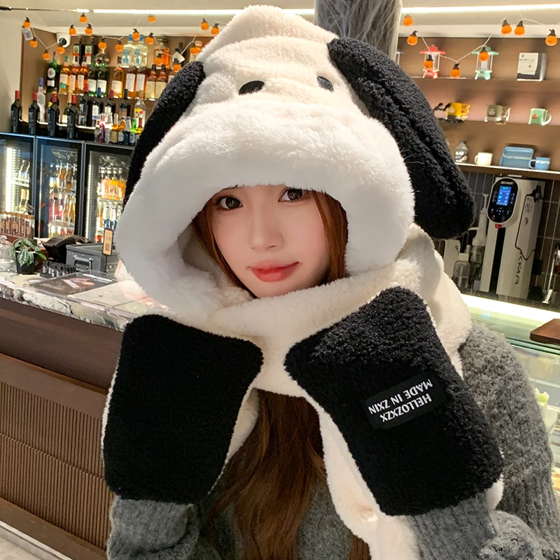 2023爆款帕恰狗冬女可爱小狗麦羊驼卡通耳朵加厚围巾手套一体保暖