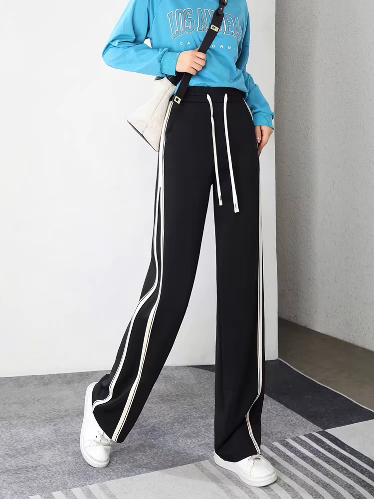 女休闲裤春秋阔腿裤女垂感宽松高开叉直筒卫裤子夏季街头风运动裤