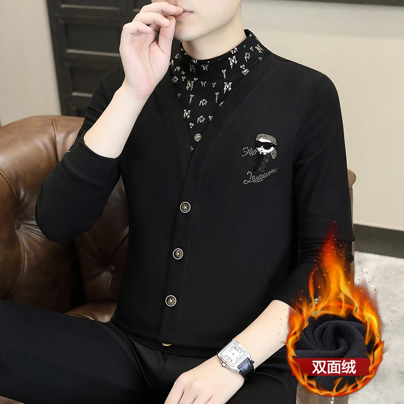 新款男士半高领假两件德绒打底衫加绒加厚保暖休闲百搭上衣卫衣男