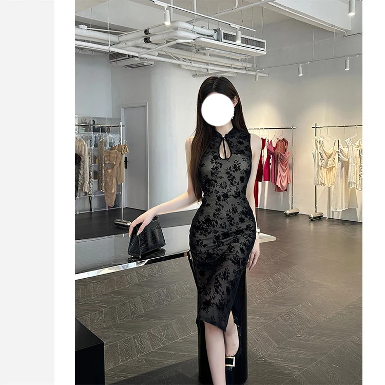 79155设计感新中式植绒印花连衣裙T