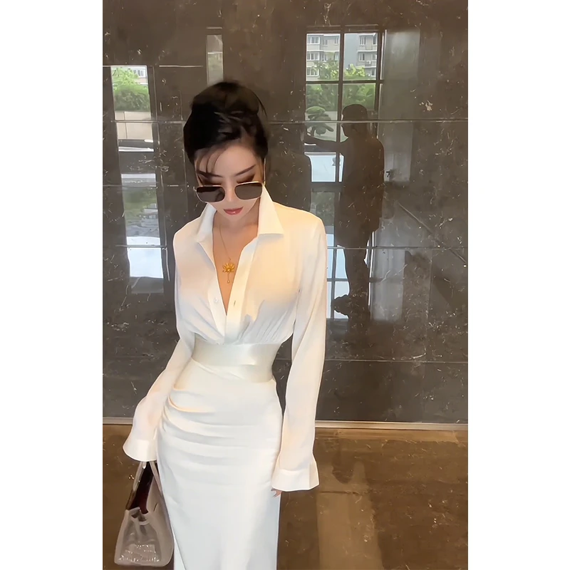 高端精致小香风白色衬衫连衣裙法式御姐轻熟风职业通勤收腰长裙子