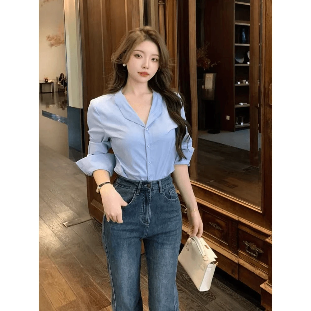 纯欲性感翻领长袖衬衫上衣女夏季新款宽松显瘦高级气质感职业装