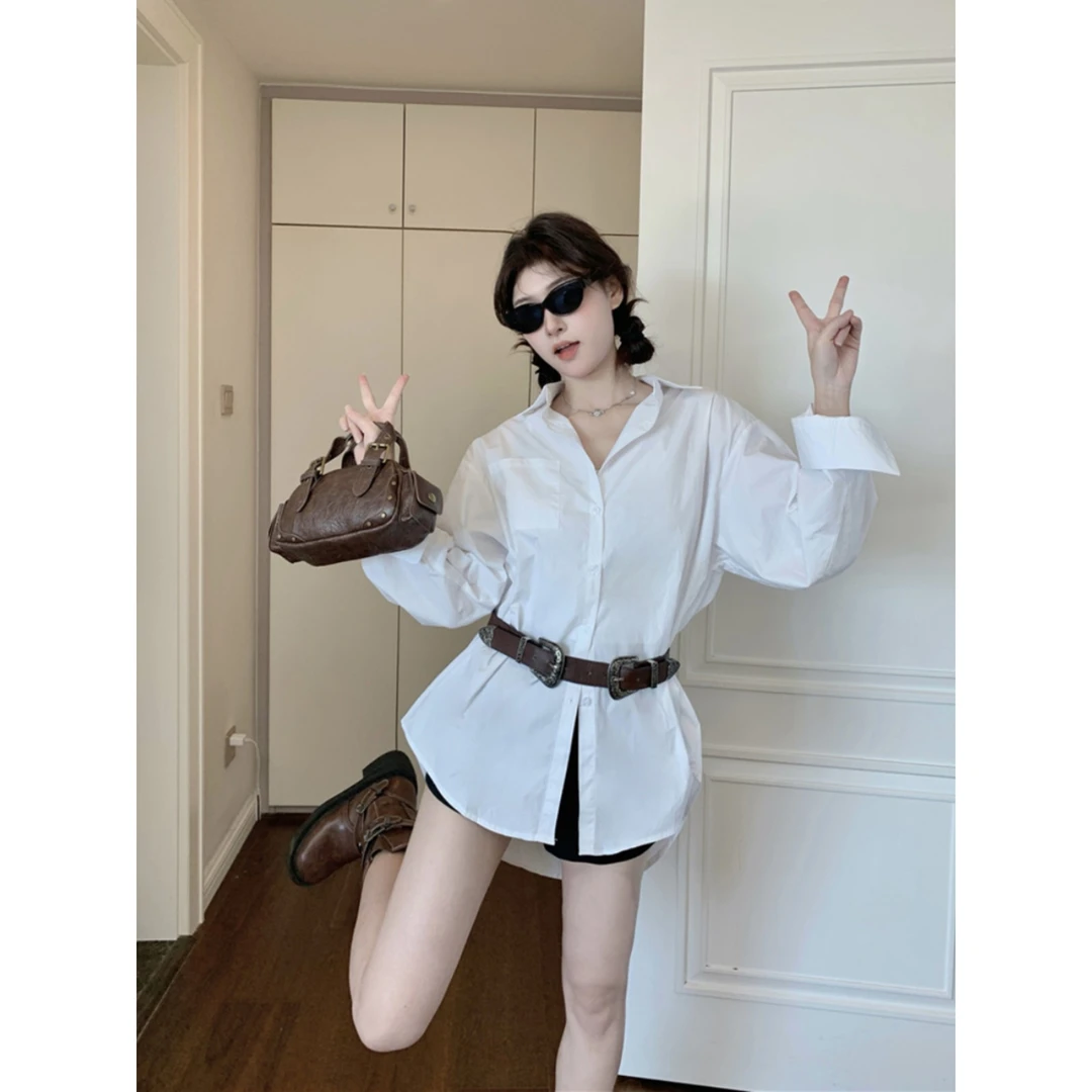 辣妹翻领不规则长袖衬衫秋季2024新款宽松休闲百搭设计感上衣女潮