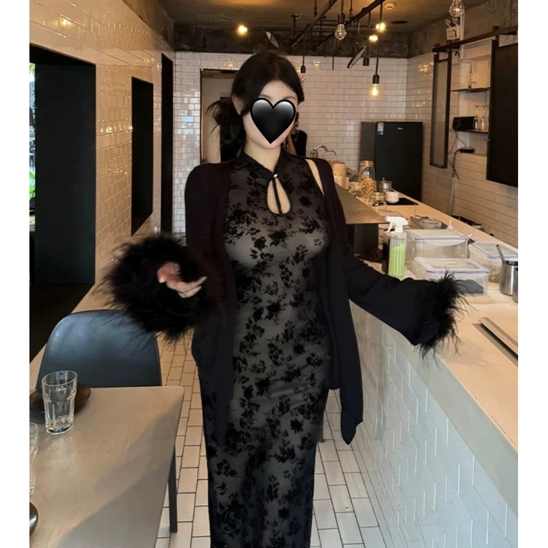 【丸子推荐】性感新中式旗袍网纱印花连衣裙针织外套8018裙子-1外披