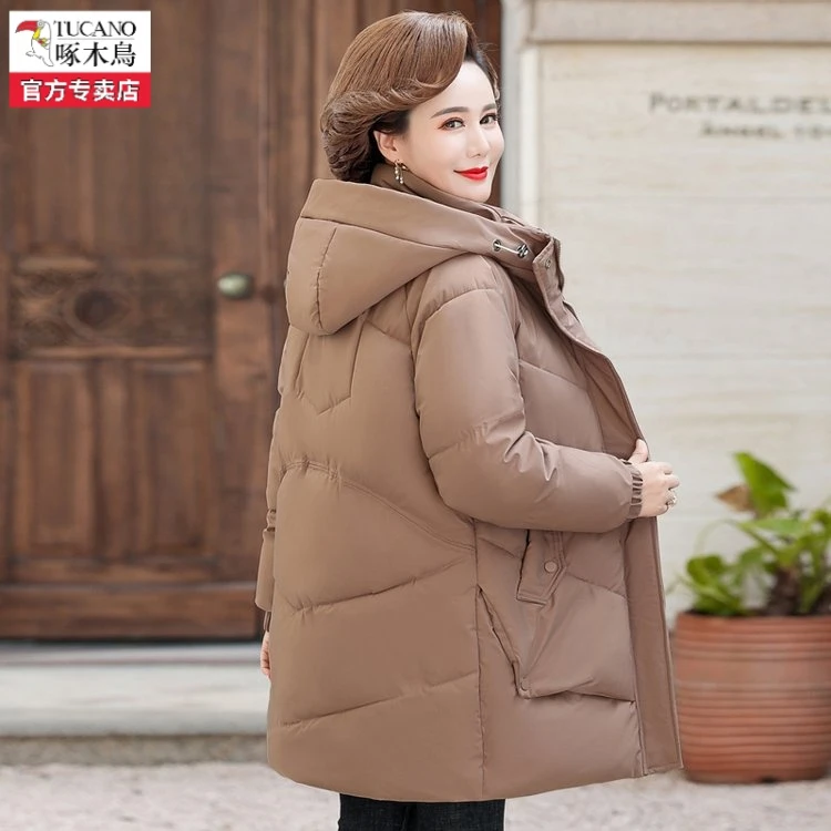 啄木鸟品牌妈妈装冬款外套冬季新款中老年女装加绒加厚棉服50岁