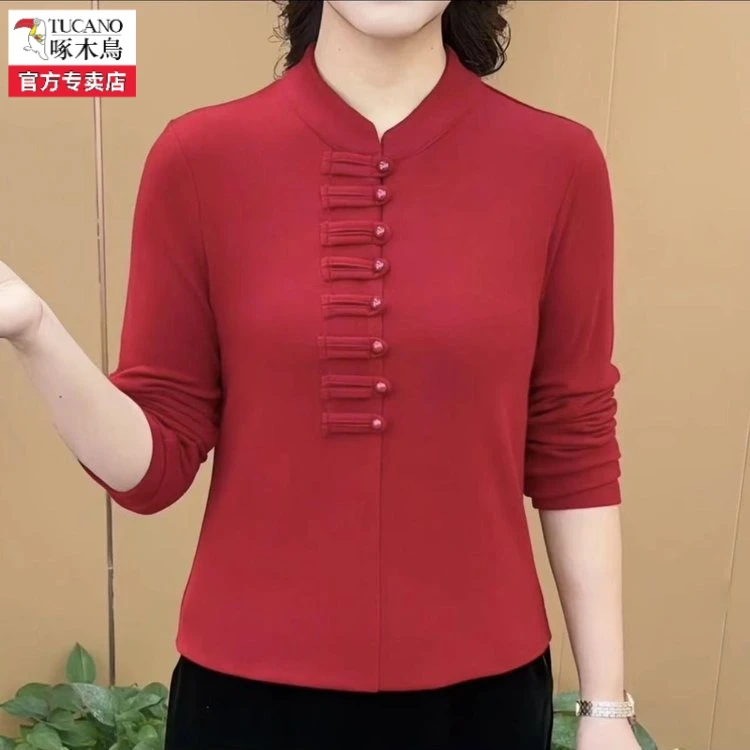 啄木鸟品牌妈妈卫衣老年人衣服新款加绒加厚保暖打底衫中老年秋冬