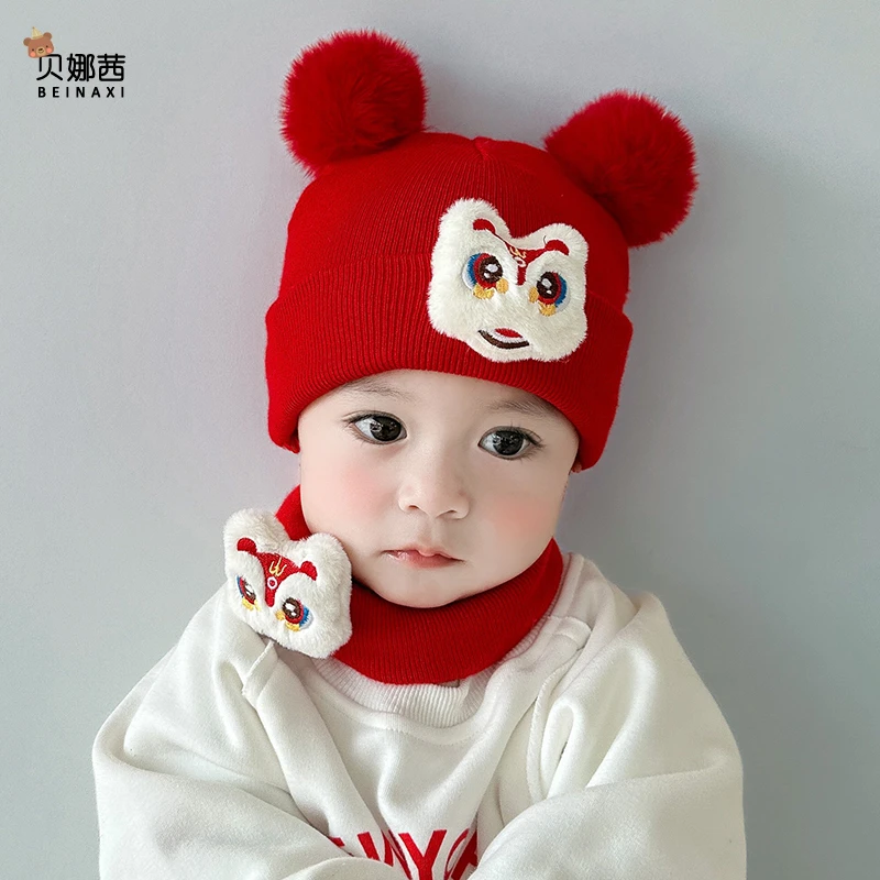 婴儿红色毛线帽子秋冬过年喜庆毛线帽新年男女宝宝保暖加厚醒狮帽