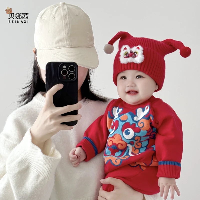 Beinaqian/贝娜茜婴儿帽子红色过年帽宝宝喜庆拜年帽新生儿周岁帽
