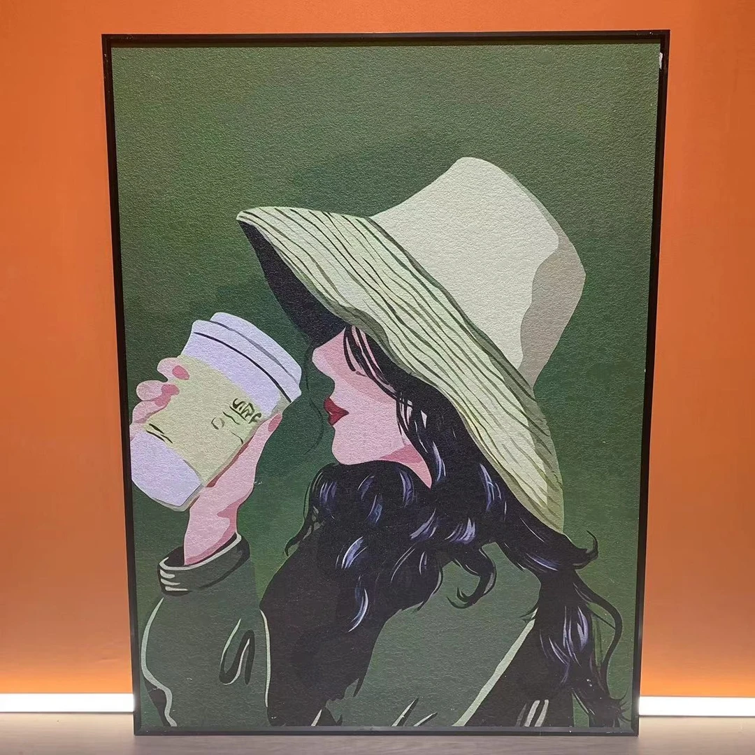 高货砂岩温馨喝咖啡女孩动漫客厅挂画创意客厅玄关走廊挂画6080