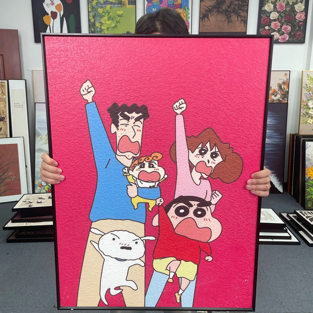 卡通风格挂画砂岩装饰画手工玄关卧室蜡笔小新画儿童房壁画6080