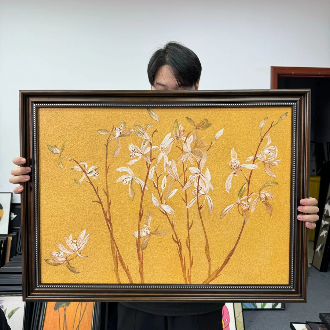 欧框九兰图砂岩花卉装饰画入户玄关美式客厅餐厅挂画背景画6080