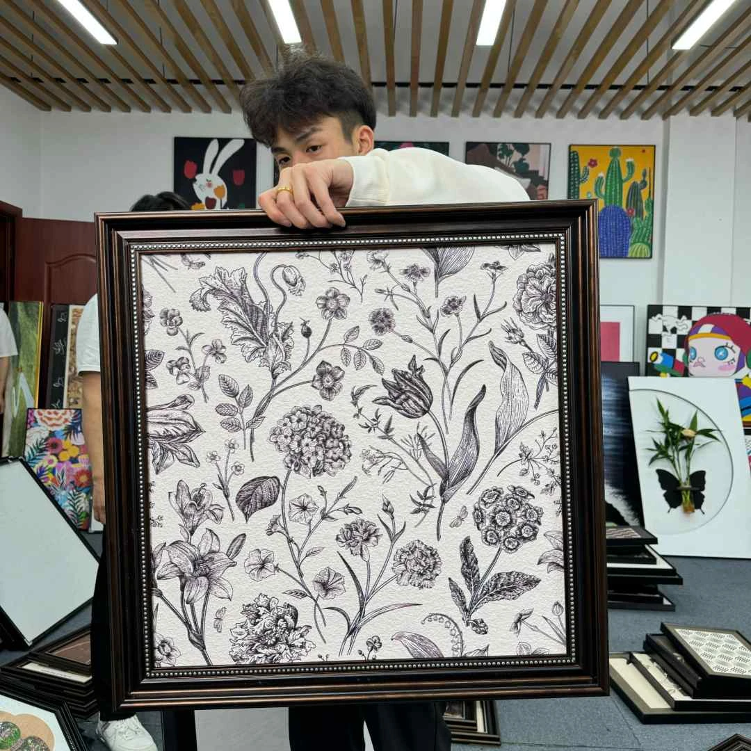 高端中古风植物线条素描挂画入户画小众艺术挂画法式餐厅画6060